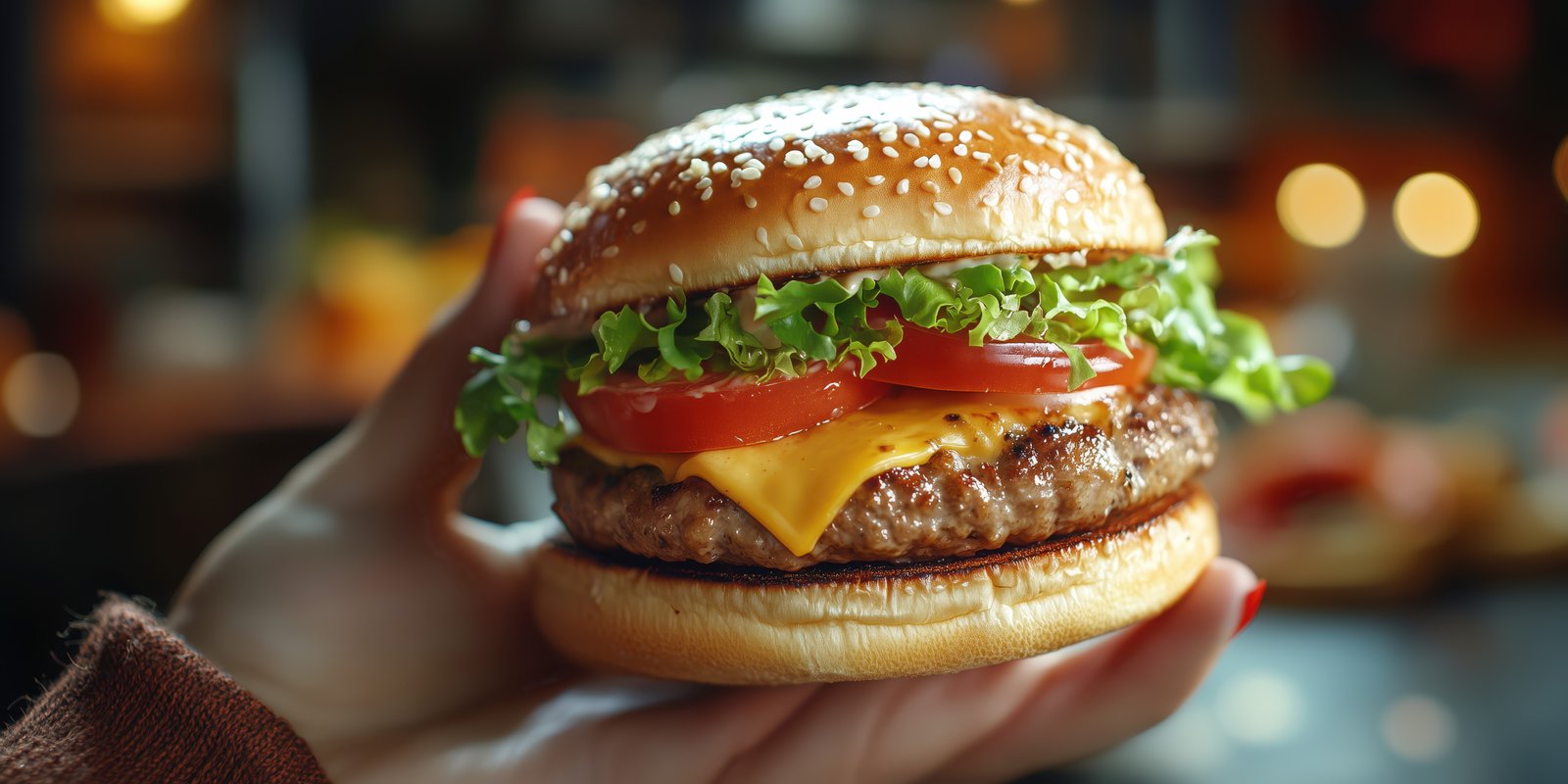 Delicious cheeseburger held in hand with fresh lettuce, tomatoes, and sesame seed bun in a cozy restaurant setting